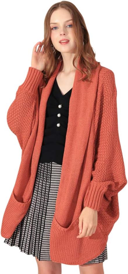 CHICWISH Women' Blue/Coral Open Front Drape Front with Pockets Knit Cardigan