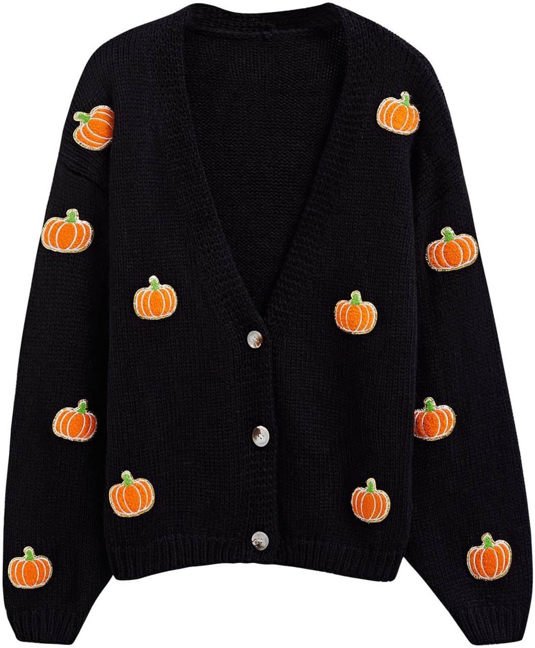 CHICWISH Women' Black Purple Halloween Ghost Patch Open Front Cardigan Sweaters V Neck Casual Button Down Knit Coats