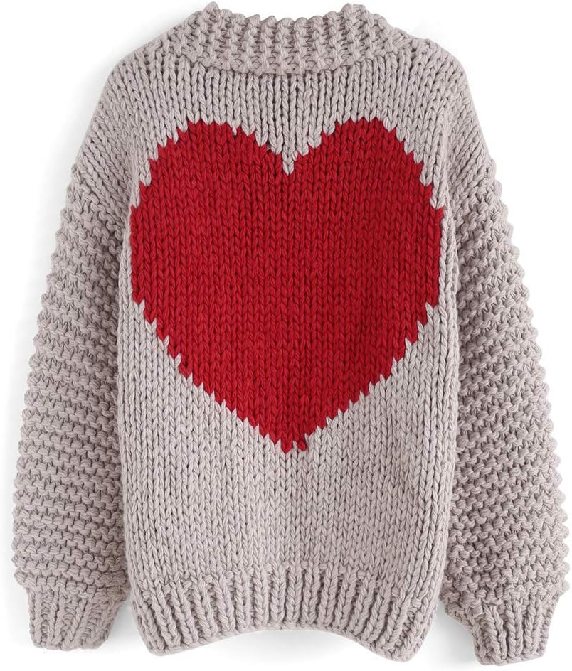 CHICWISH Women' Red Heart Shape Pattern on Back Soft Hand Knit Chunky Cardigan