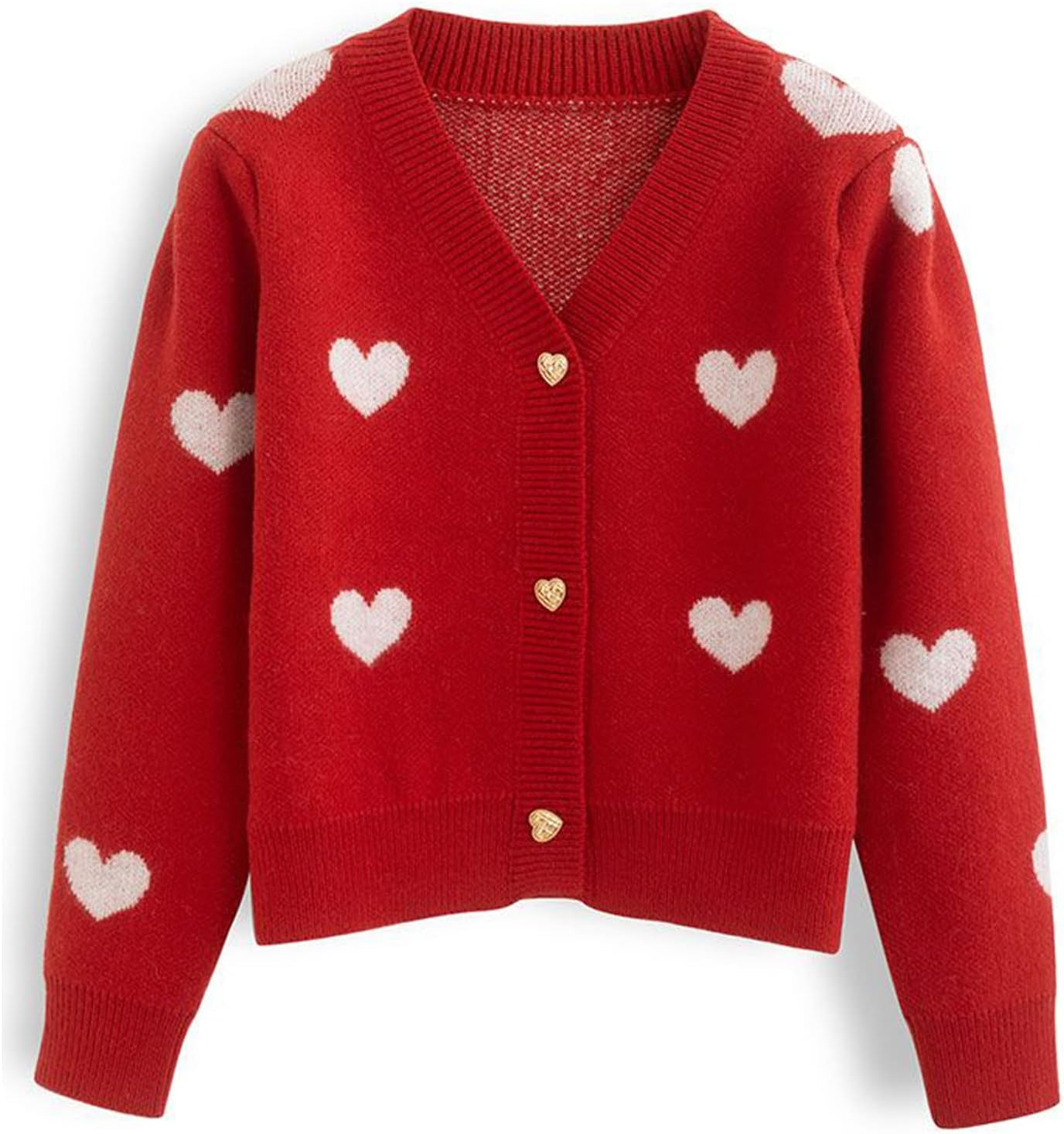 CHICWISH Women' Red/Ivory Soft Heart Cropped Knit Cardigan