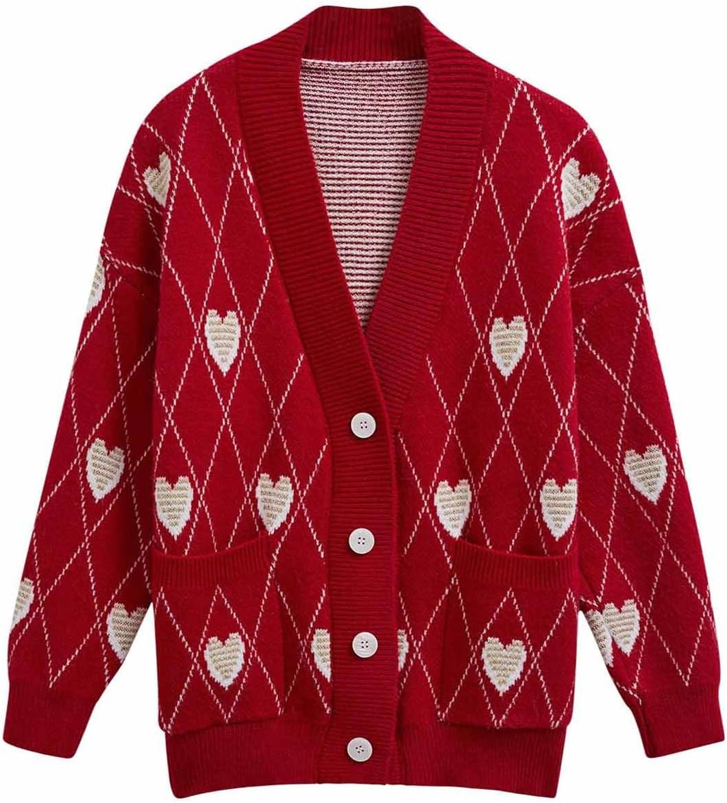 CHICWISH Women' Hearts Print Button Down Cardigan Sweaters V-Neck Long Sleeve Cropped Knit Sweater Cardigan with Pockets Red