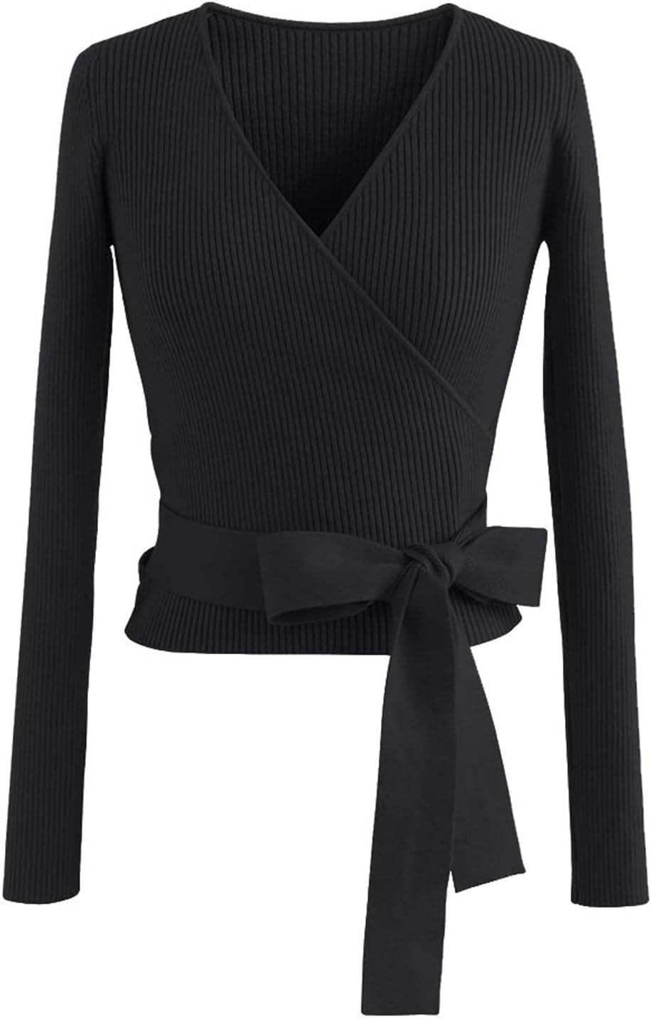 CHICWISH Women' Black/Lilac V-Neck Tie-Waist Bowknot Wrap Knit Top