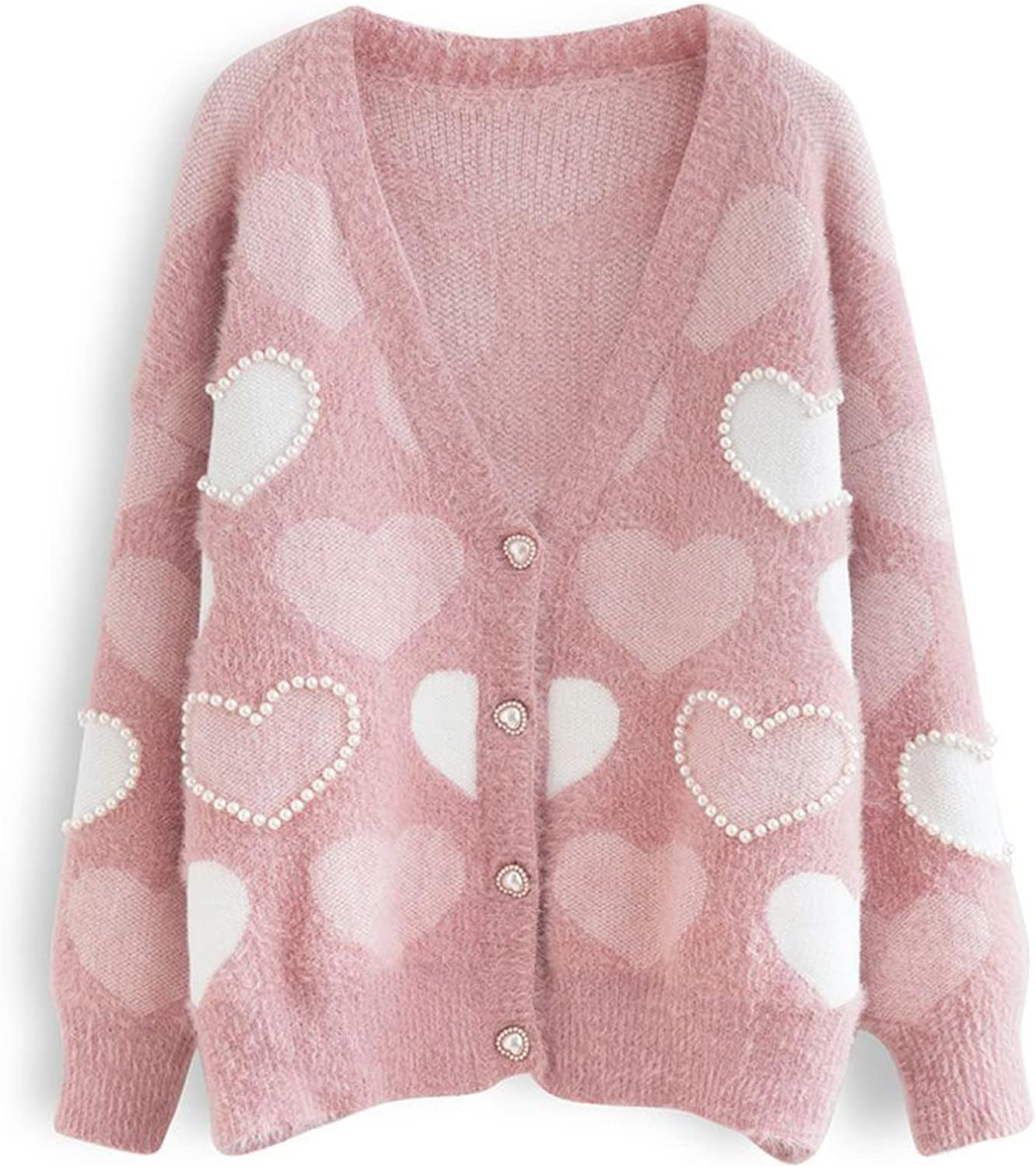 CHICWISH Women' Pink Pearly Contrast Heart Soft Fuzzy Knit Cardigan