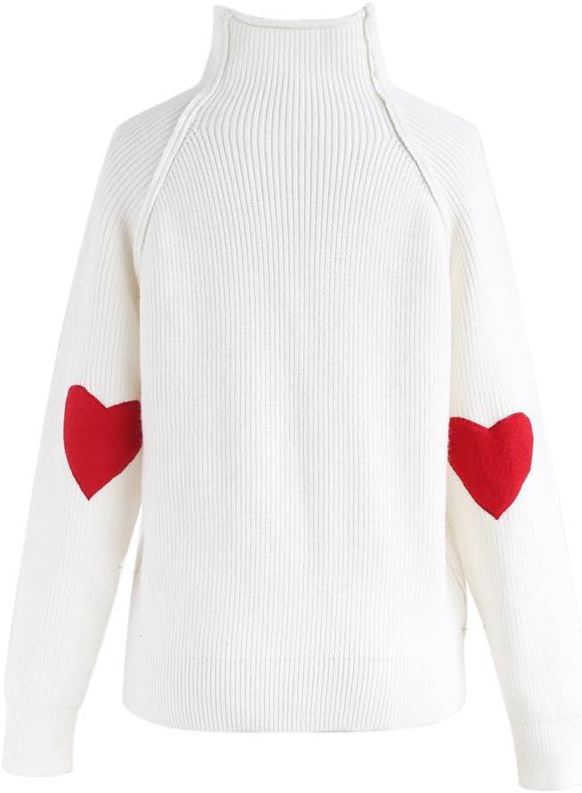 CHICWISH Women' Comfy Casual Long Sleeve Heart Shape Patched Grey/White/Navy Knit Top Pullover Sweater