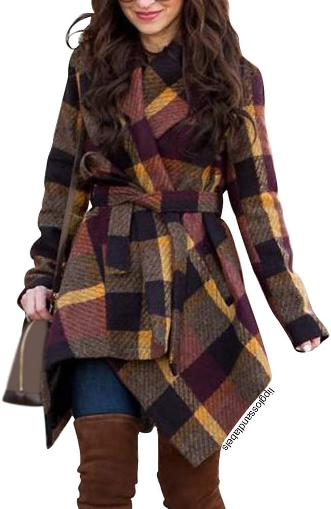 CHICWISH Women' Turn Down Shawl Collar Earth Tone Check Asymmetric Hemline Wool Blend Coat