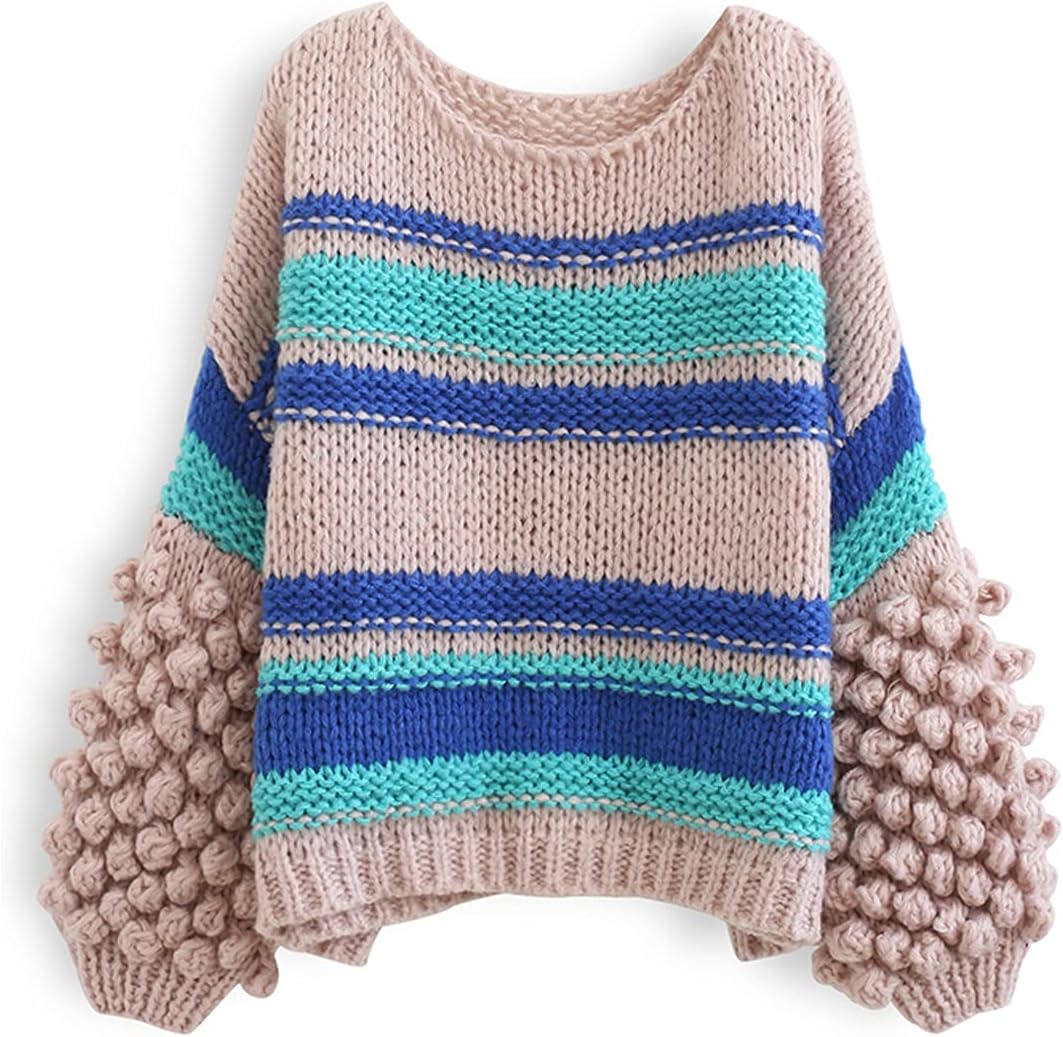 CHICWISH Women' Comfy Casual Pink Blue Stripe Pom-Pom Bubble Sleeve Hand-Knit Chunky Sweater Pullover