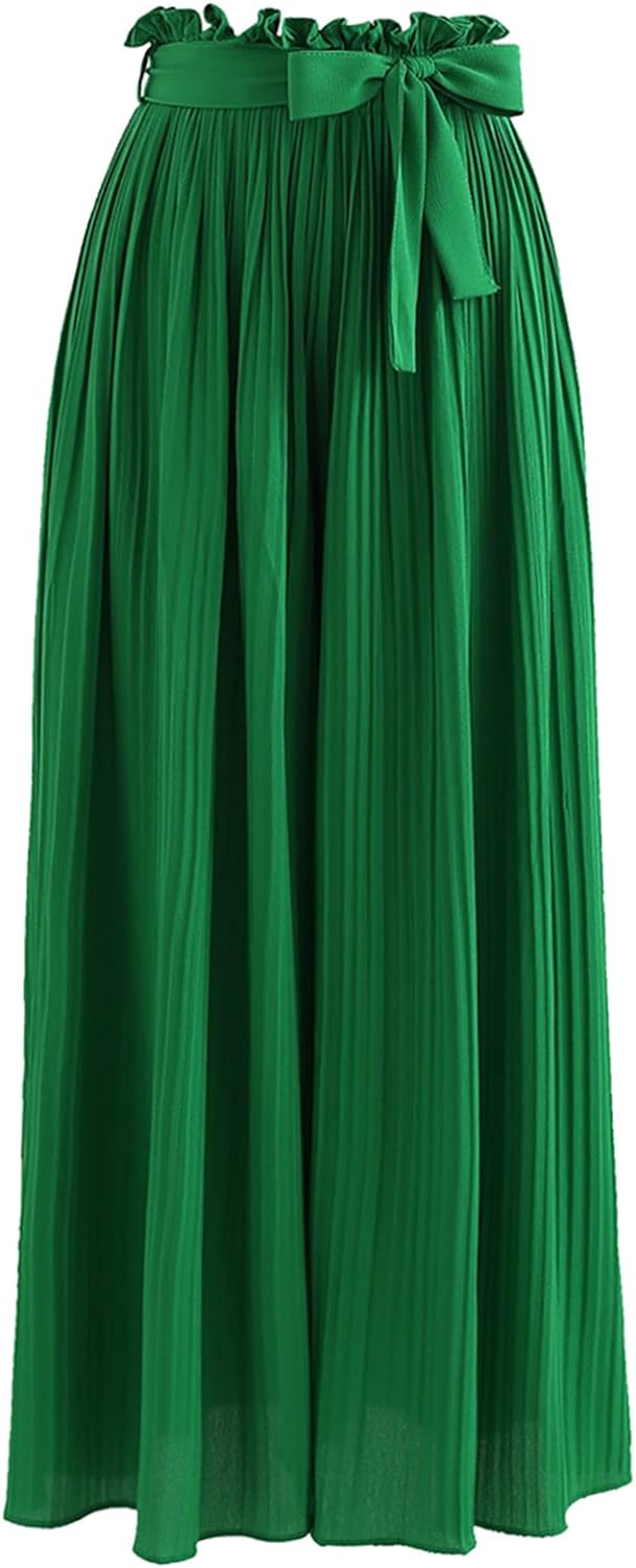 CHICWISH Women' Comfy Casual Green/Magenta/Brown/Cream/Black Tie-Waist Pleated Wide Leg Pants