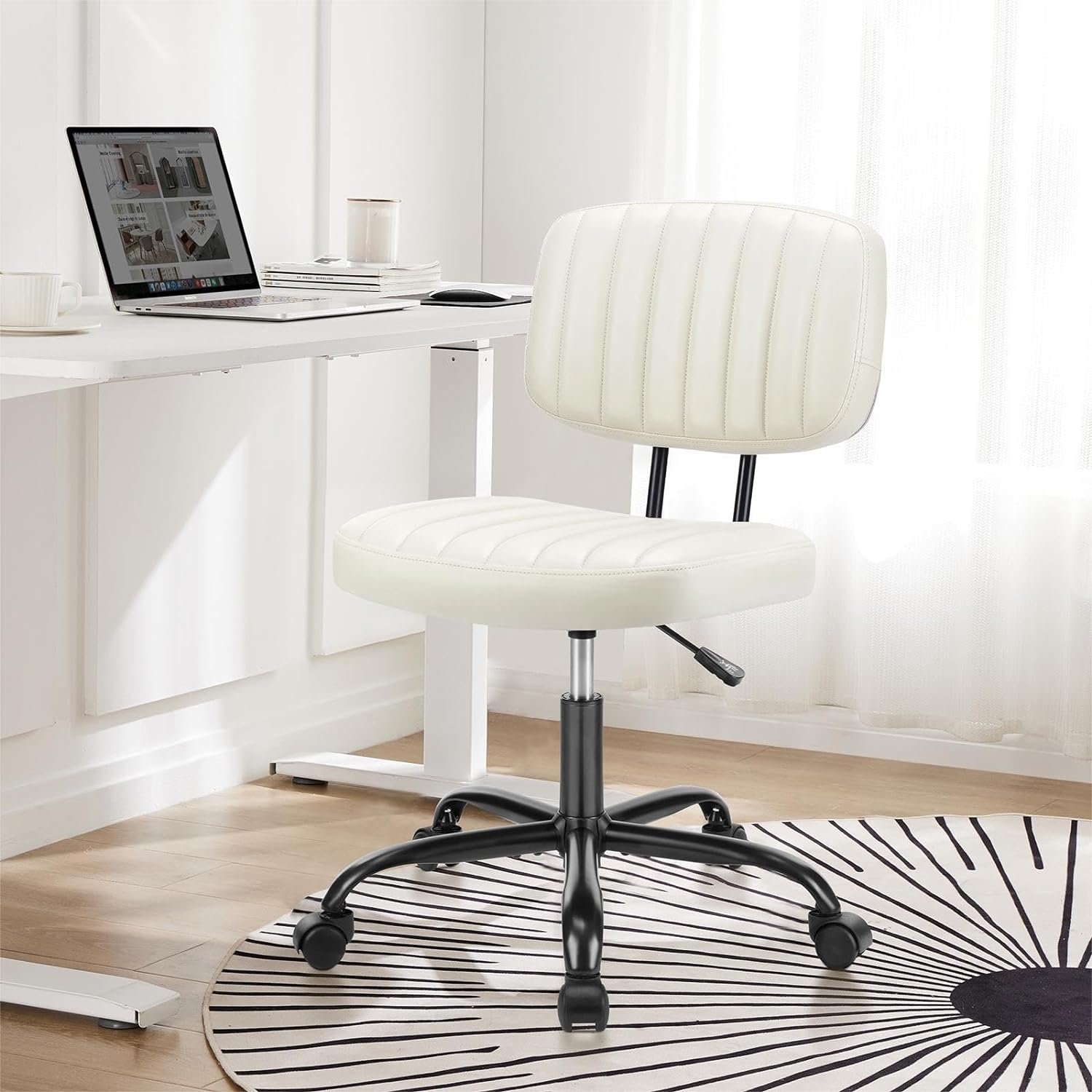 DUMOS Armless Home Office Chair Ergonomic Desk with Comfy Low Back Lumbar Support, Height Adjustable PU Leather Computer Task with 360 Swivel Wheels, for Small Space, Kids and Adults, Beige White