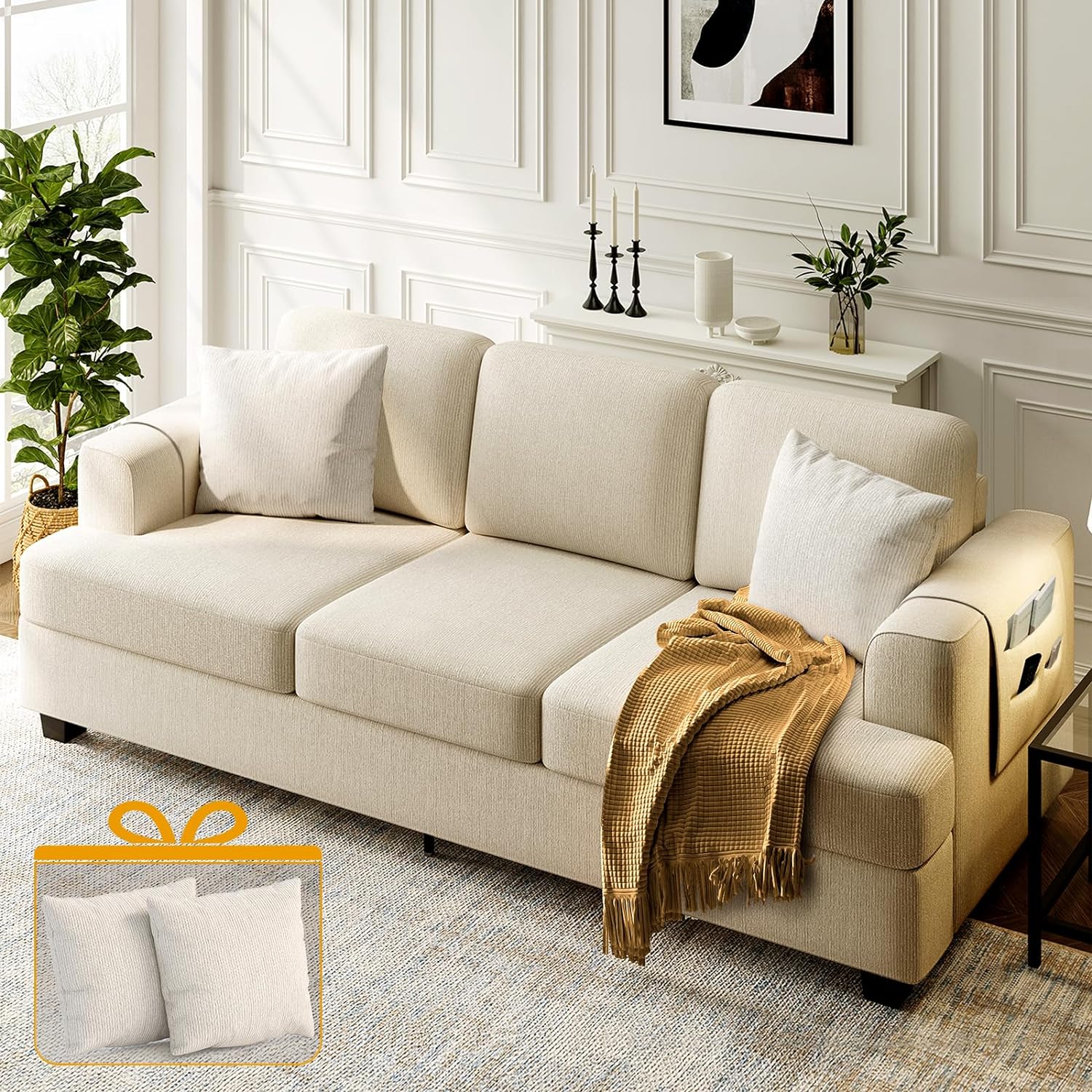 KKL Modern Sofa 89 with Throw Pillow, Deep Seat Sofa, Couches for Living Room, Comfy Sofa, Sleeper Couch, Chenille, Beige