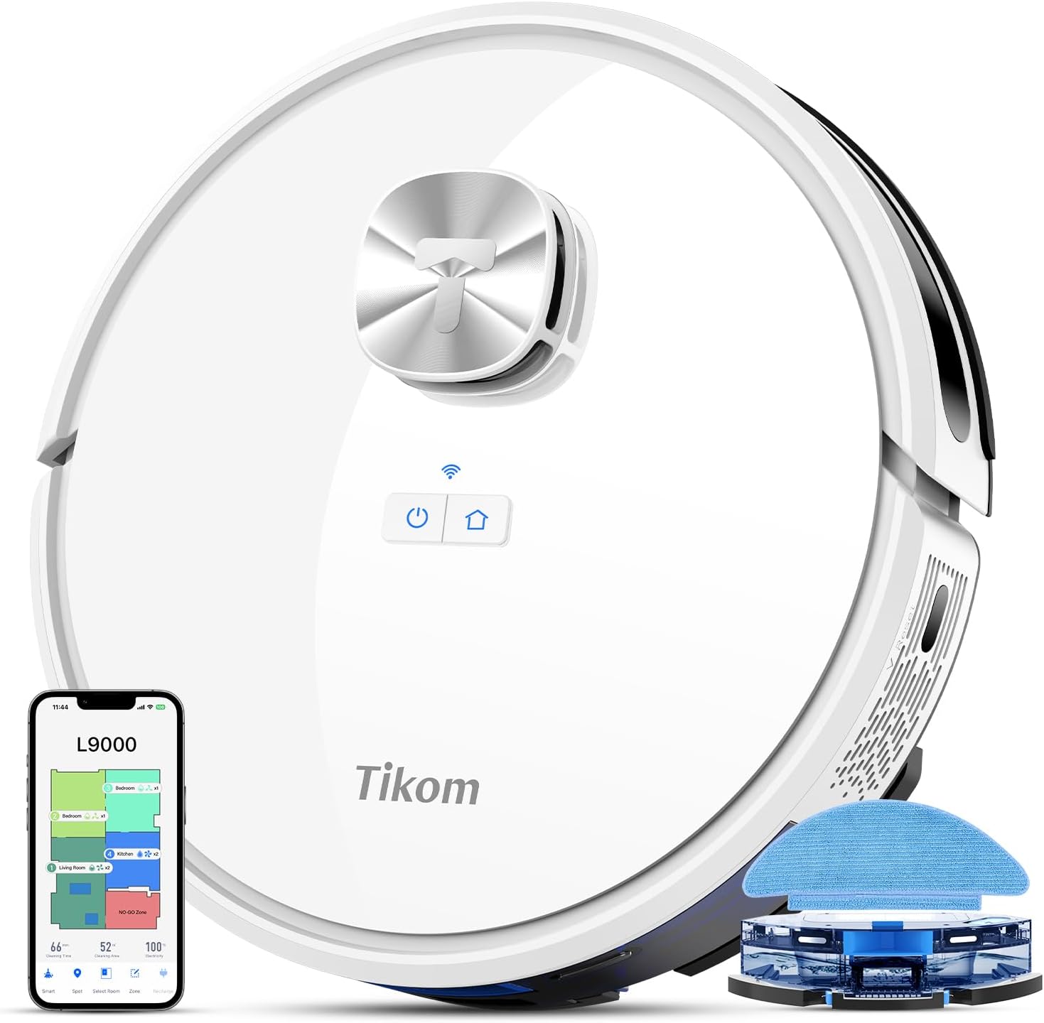 Tikom Robot Vacuum and Mop Combo, LiDAR Navigation, L9000 Robotic Vacuum Cleaner, 4000Pa Suction, 150Mins Max, Smart Mapping, 14 No-go Zones, Ideal for Pet Hair, Carpet, Hard Floor, White