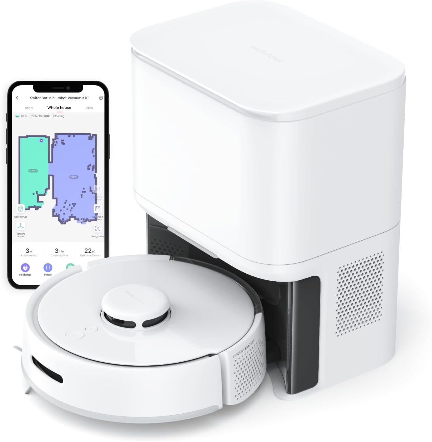 SwitchBot Mini Robot Vacuum K10  with Self-Empty Base for 70-Day of Cleaning, LiDAR Navigation, Smart Mapping, 2500Pa Suction, 48dB Ultra Quiet, 150Mins Max, Compatible with Alexa, 2.4G WiFi Connected