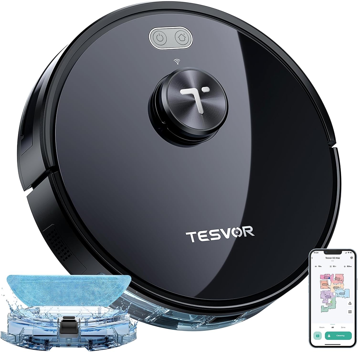 Tesvor S5 Max Robot Vacuum and Mop Combo, 6000Pa Suction Robotic Vacuum Cleaner, Lidar Navigation,5200mAh,260Mins Runtime, App Control,Self Charging