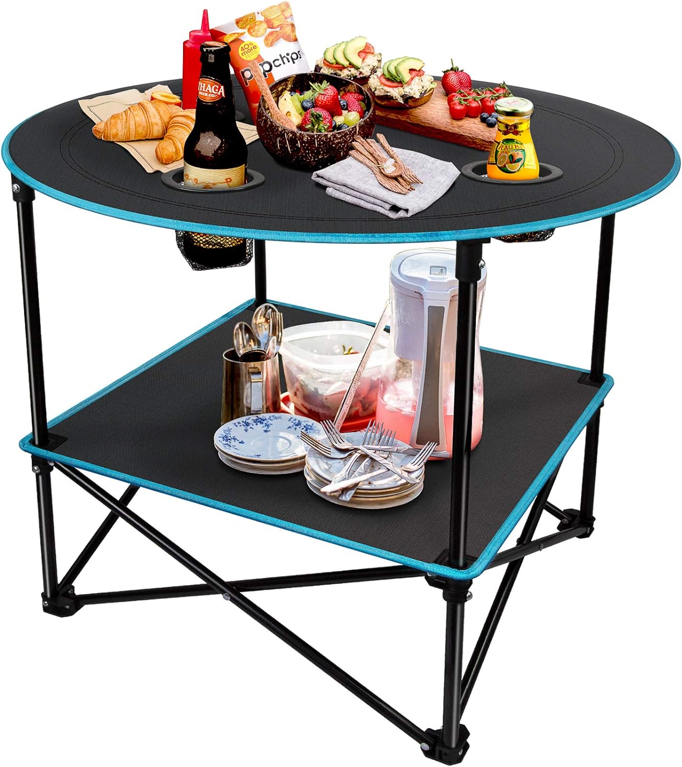 LESES Folding Camping Table Portable Picnic Table Tailgating Table with 4 Cup Holders and Storage Bag for FishingBeachOutdoorsPicnic and Hiking (Black&Blue)