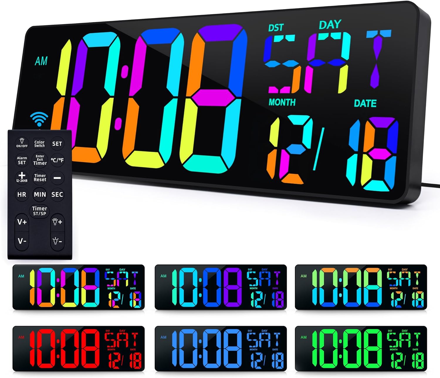 TXL Large 16.5 LED Digital Wall Clock, RGB Color Changing, Count Up/Down Timer Clock with Remote Control, Adjustable Brightness Alarm Clock for Home, Office, Gym, Elderly, Auto DST