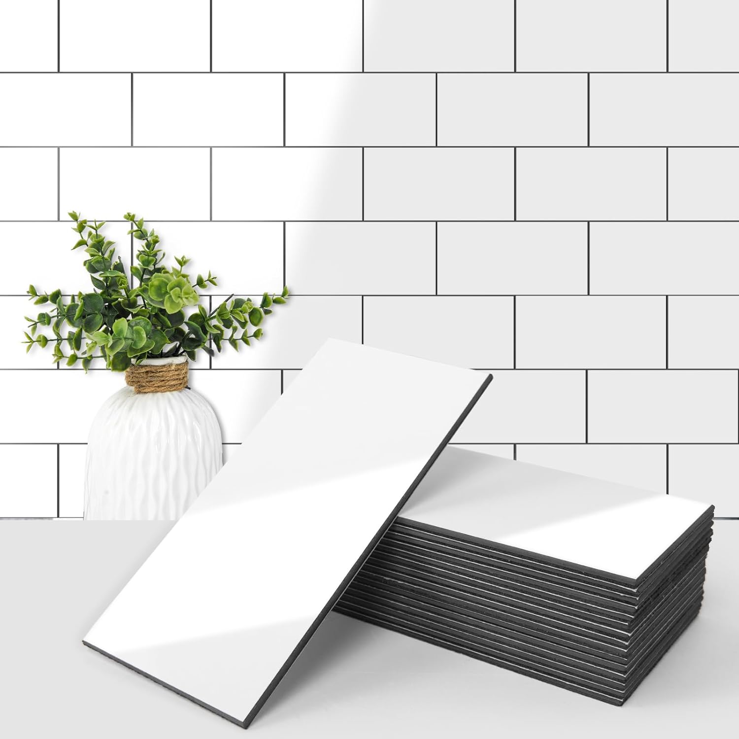 Art3d 102-Piece Peel and Stick Wall Tile for Kitchen Backsplash, Bathroom, Fireplace, 3in. Ã 6in. Stick on Subway Tile, Glossy White