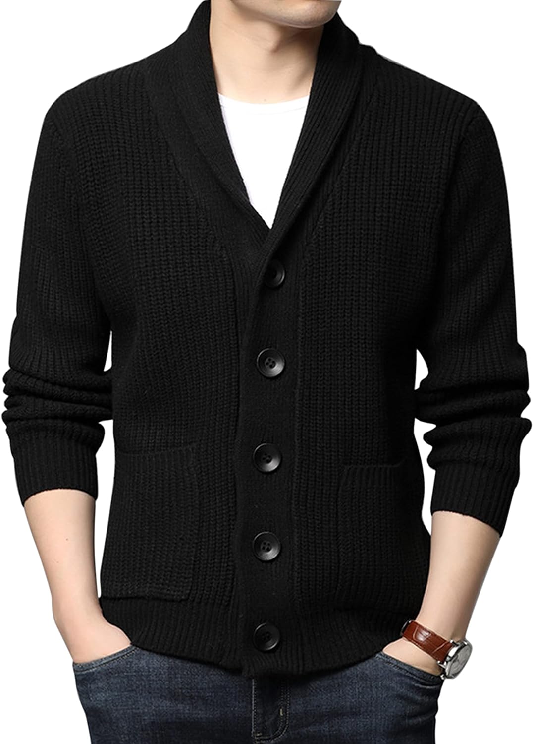 Yeokou Men' Shawl Collar Cardigans Slim Fit Button Cable Knit Black Sweater Pockets