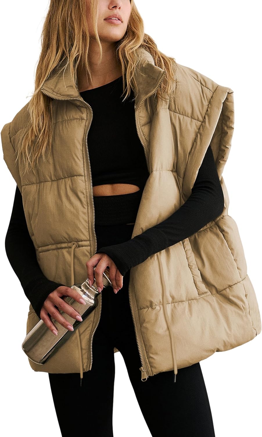 Yeokou Womens Puffer Vest Zipper Adjustale Waist Sleeveless Padded Gilet Jacket with Pockets