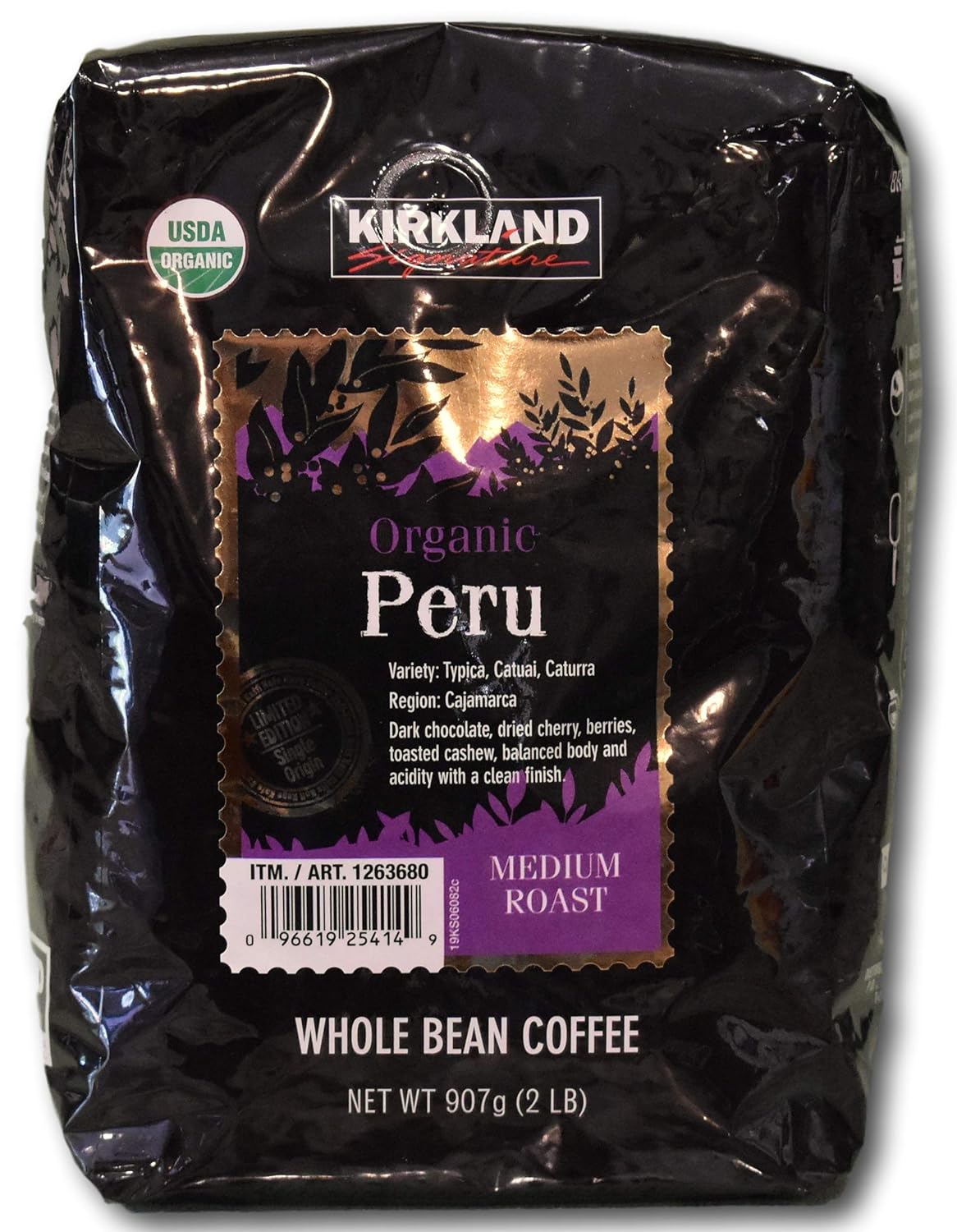 Kirkland Signature Organic Whole Bean Coffee from Peru- 2lb Whole Bean Medium Roast