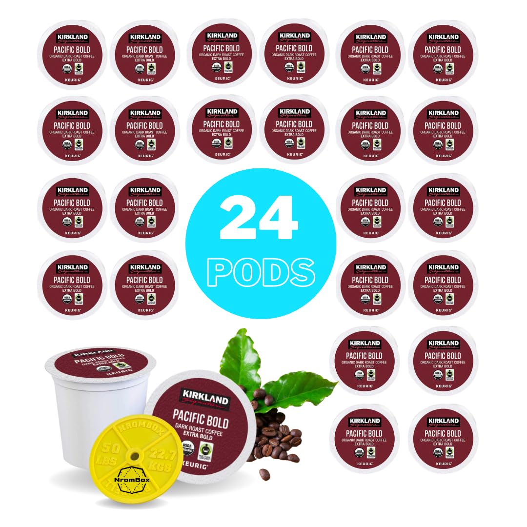 Kirkland Pacific Bold Coffee Pods K-Cups 24Pods (24 Ct) | Single-Serve Coffee K-Cup Pods for All Single Brew Coffee Makers | NROMBOX Barbell Bumper Plate Drink Coasters (Color May Vary) | Made In USA.