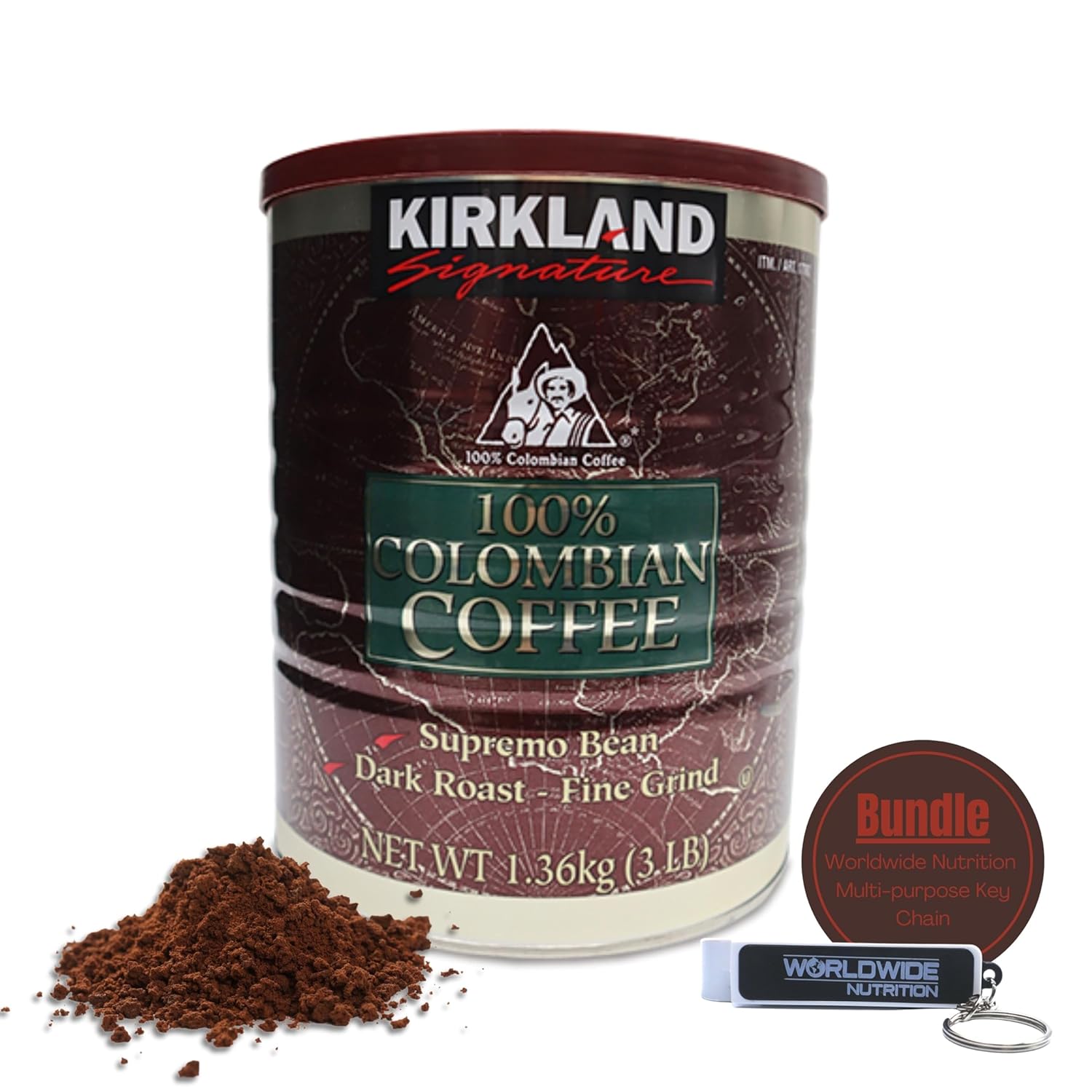 Worldwide Nutrition Bundle, 2 Items: Kirkland Signature 100% Colombian Supremo Coffee - Dark Roast, Ground Columbian Coffee, Cafe Kirkland - 3 LB Ground Coffee and Multi-Purpose Key Chain