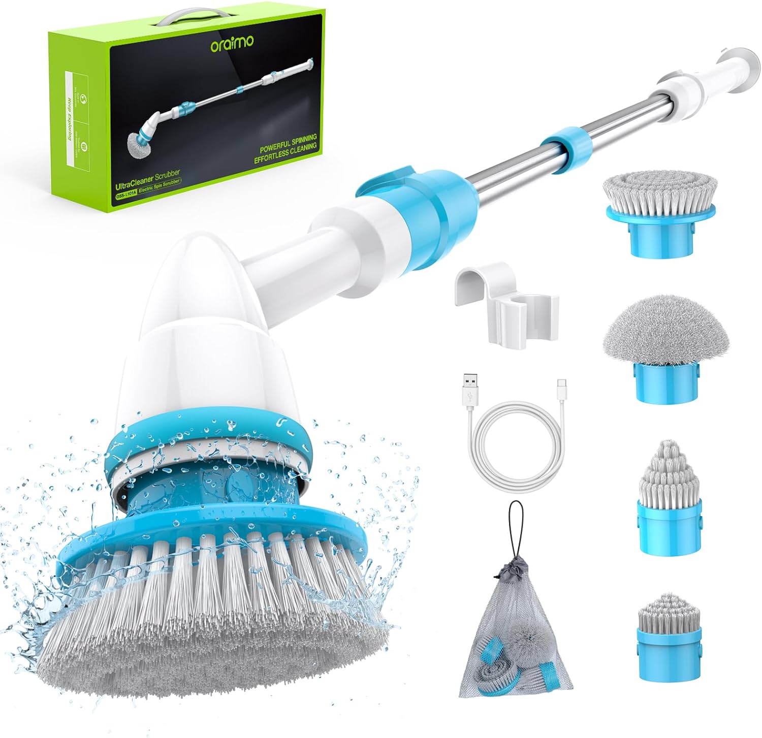 Oraimo Electric Spin Scrubber, Electric Bathroom Scrubber, 430RPM Cordless Shower Scrubber with Adjustable Extension Arm for Bathroom, 4 Replaceable Brushes for Bathtub, Grout, Tile, Wall, Floor, Sink