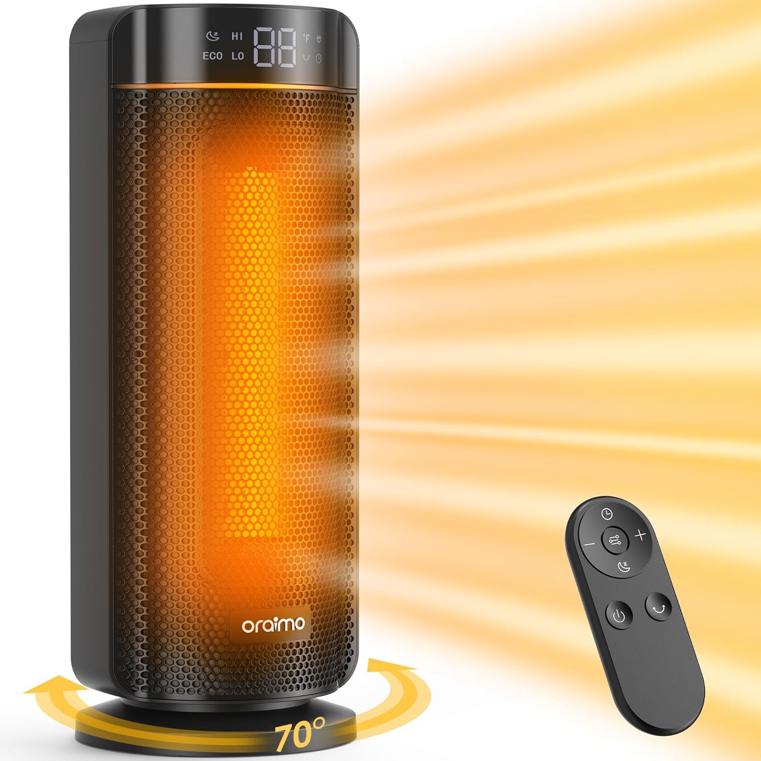 Oraimo Space Heater, 1500W Portable 16 Electric Heaters for Indoor Use, 70 Oscillation, 12H Timer, 25dB Quite PTC Ceramic Fast Safety Heating with Thermostat for Office, Home and Bedroom