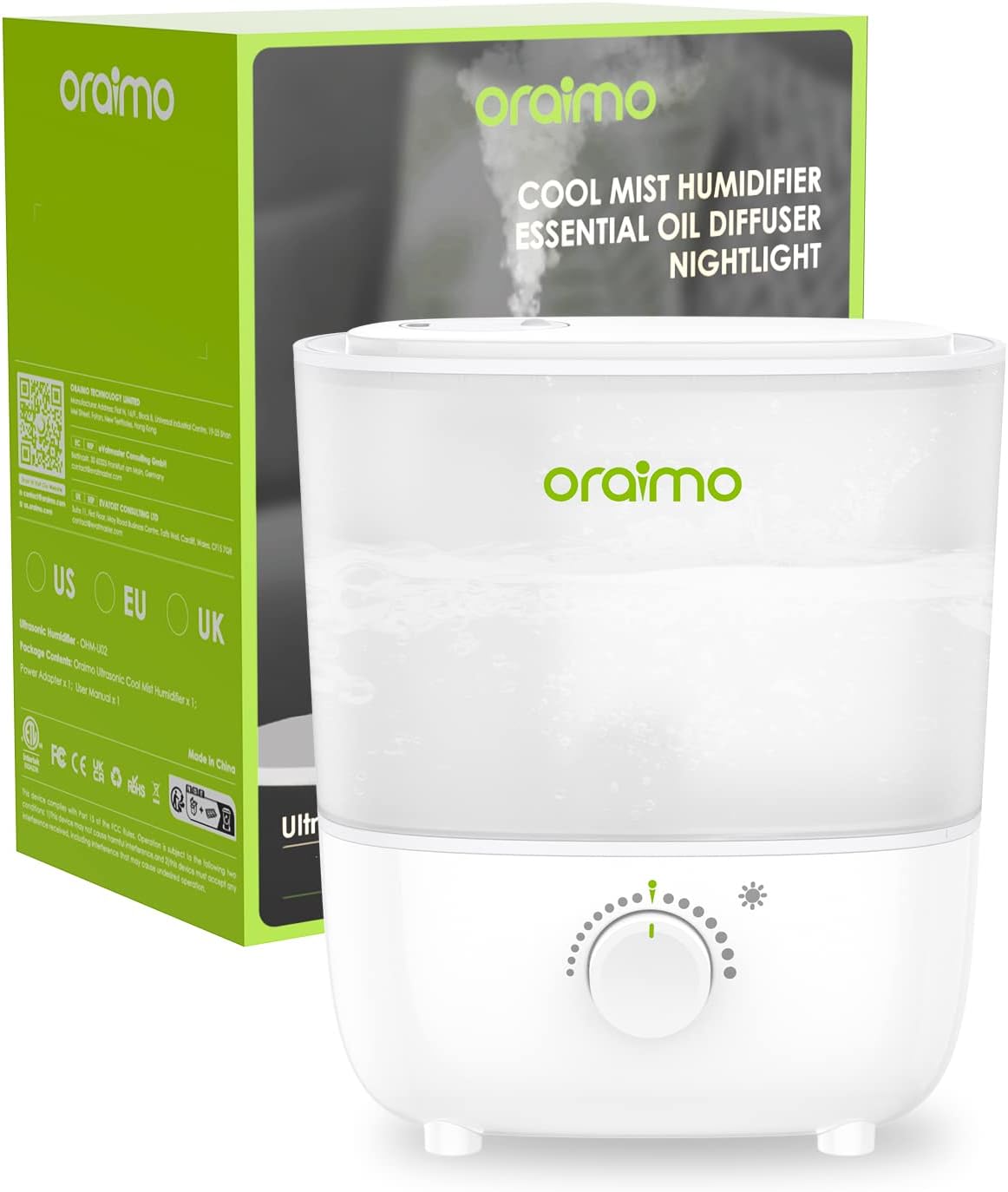 Oraimo Humidifiers for Bedroom, Top Fill Cool Mist Humidifier, 26dB Quiet, Easy to Clean, 2.5L Ultrasonic Humidifier & Essential Oil Diffuser with Night Light, BPA-Free, Humidifier for Baby White