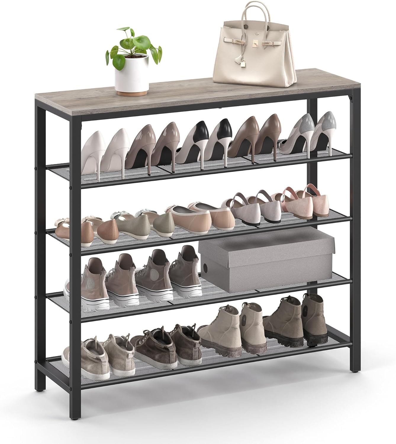 VASAGLE INDESTIC Shoe Rack, Organizer for Closet with 4 Mesh Shelves and Large Top for Bags, Entryway Hallway Shelf, Steel Frame, Industrial, Greige and Black ULBS015B02, 11.8 x 39.4 x 36.4 Inches