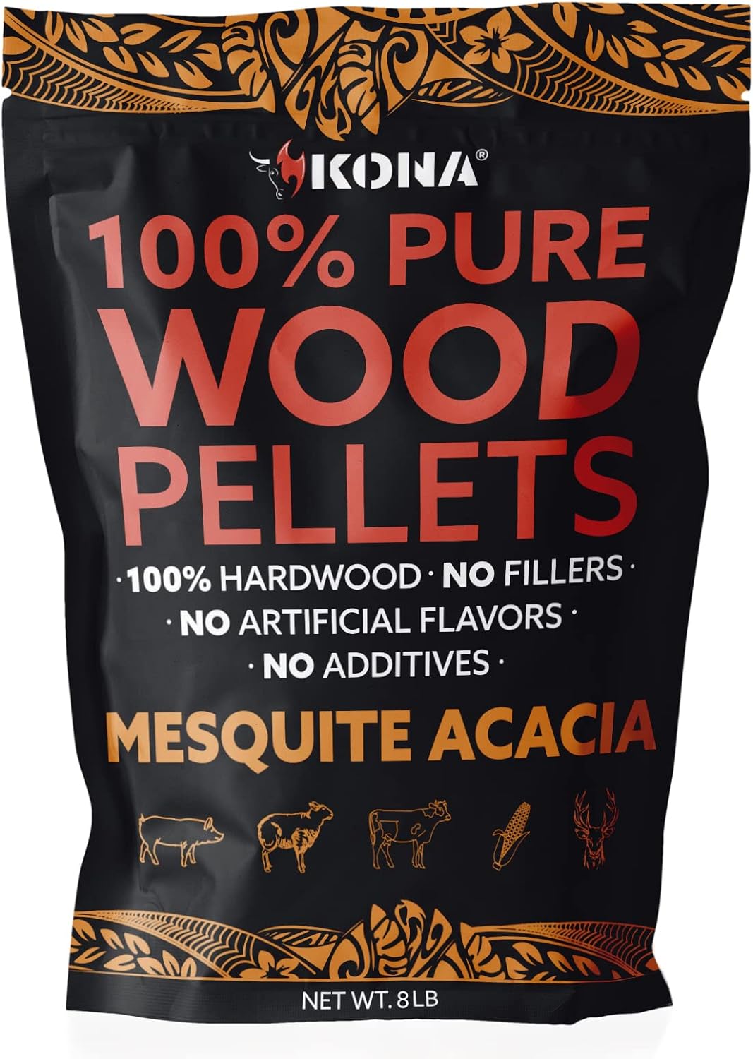 Kona 100% Mesquite Acacia Wood Pellets - Concentrated, Pure, Old Growth Hardwood Grilling Pellets - for BBQ, Smoker Tubes, Grills - 8 lbs 100% Mesquite Acacia Bold Red Meat Smoke