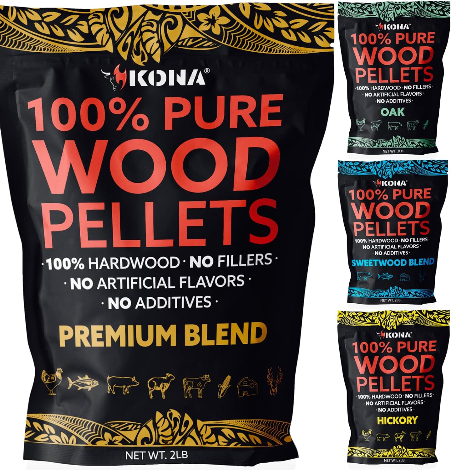 Kona Best Wood Smoking Pellets - Grilling Smoker Tube Pellets Variety Pack - 100% Hickory, Kona Premium Blend, 100% Oak, Kona Signature Sweetwood Blend - 2 Pound Bags