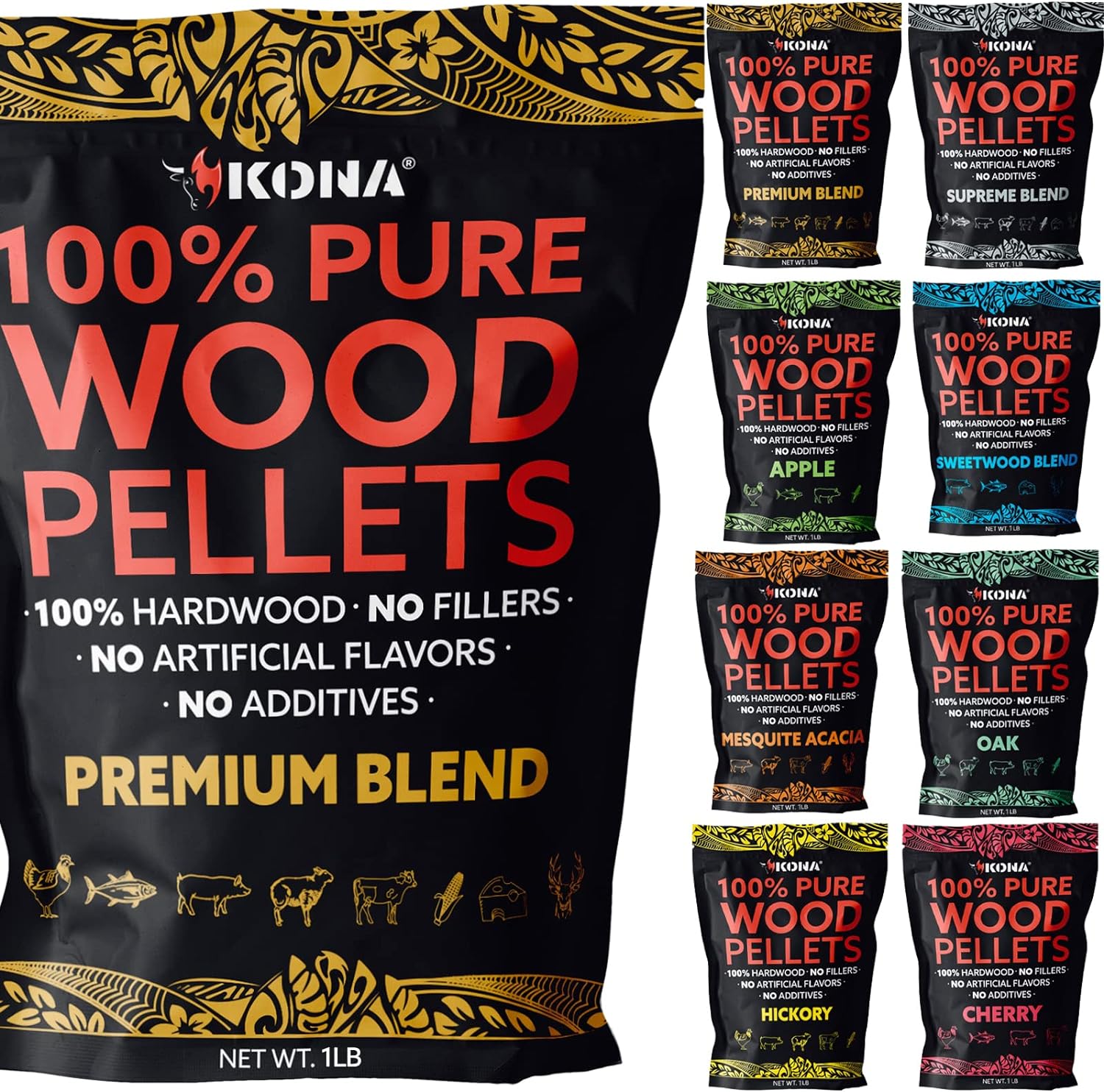 Kona Smoker Grilling Pellet Sets 8X /1 Pound Variety Pack (8 pounds Total), 100% Oak 100% Hickory Sweetwood Blend Premium Blend 100% Apple 100% Cherry Supreme Blend 100% Mesquite Acacia