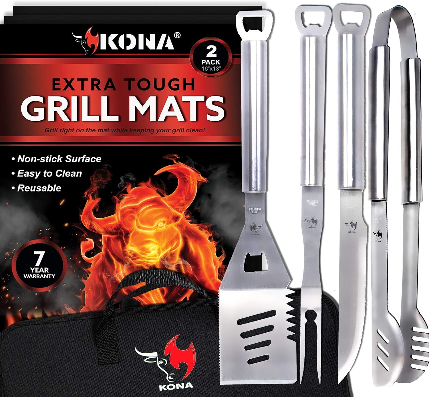 Kona Grill Accessories - Grill Tools Set with Case & BBQ Grill Mats