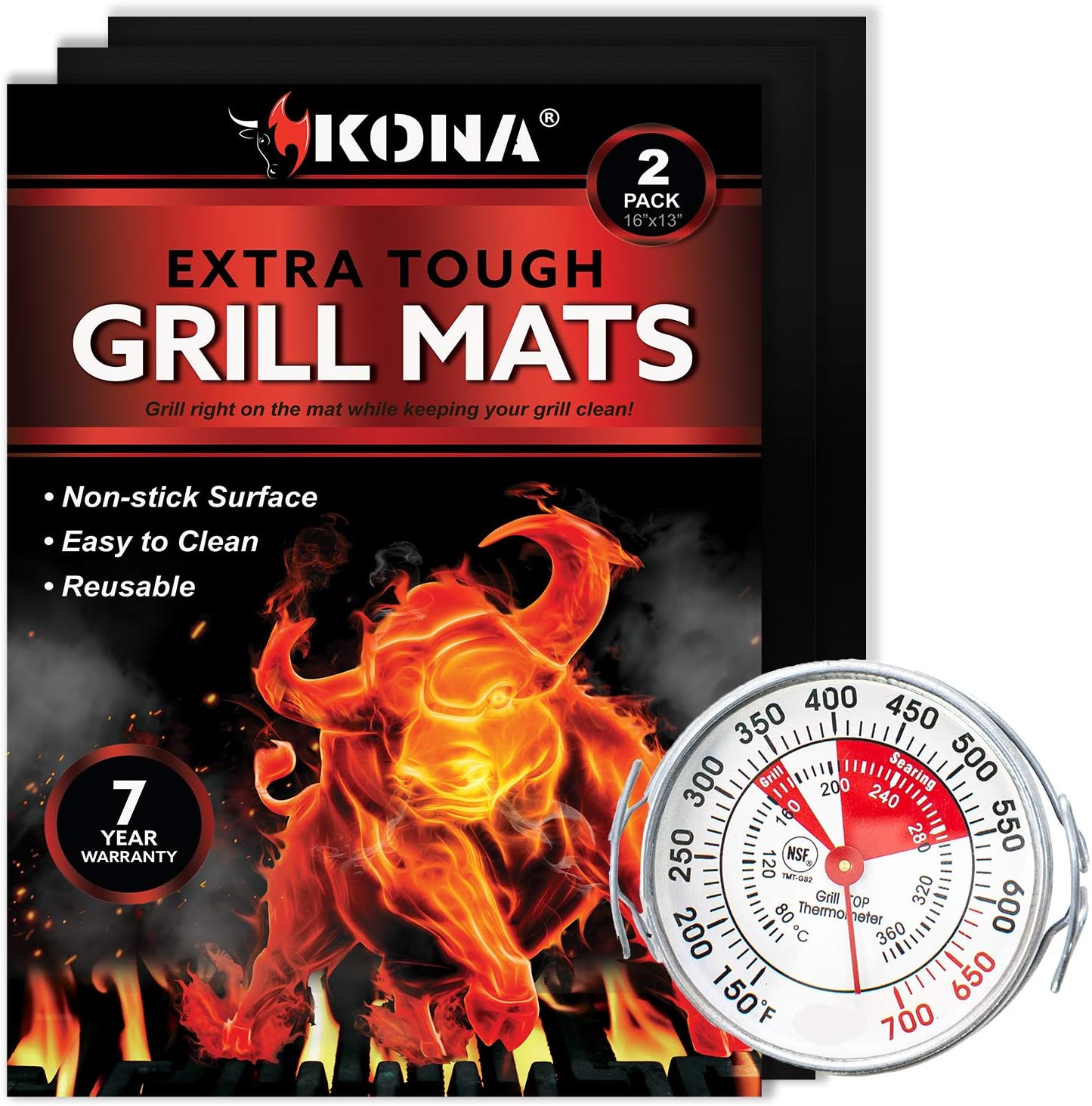 Kona BBQ Grill Mat Set & Grill Surface Thermometer - Barbecue Tool Gift Set