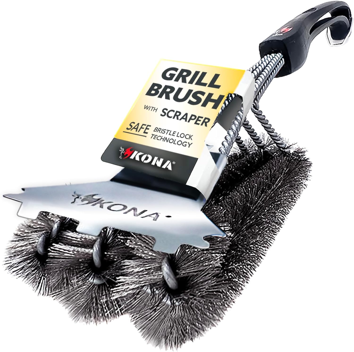 Kona Speed/Scraper Grill Brush and Scraper - Compatible with Weber and Other Brands Flat & Round Grill Grates - BBQ Cleaner for Gas Grills, Stainless Steel Cast Iron Grates - New Flex Grip Handle