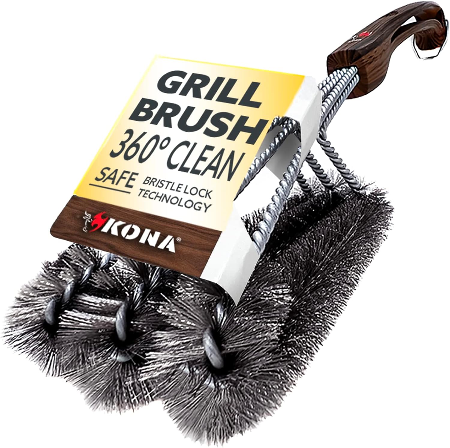 Kona 360 Clean Grill Brush - 18 inch Best BBQ Grill Brush - Wood Grain Designer Handle - Stainless Steel 3-in-1 Grill Cleaner Provides Effortless Cleaning