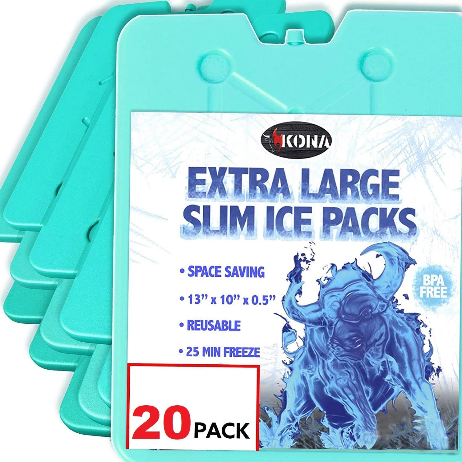 Kona Ice Packs for Coolers - No Ice Required - Cooler Ice Packs Bulk 20 Pack - Reusable Long Lasting (-5C) Large Thin Freezer Packs - Freezes in 25 Minutes (20)