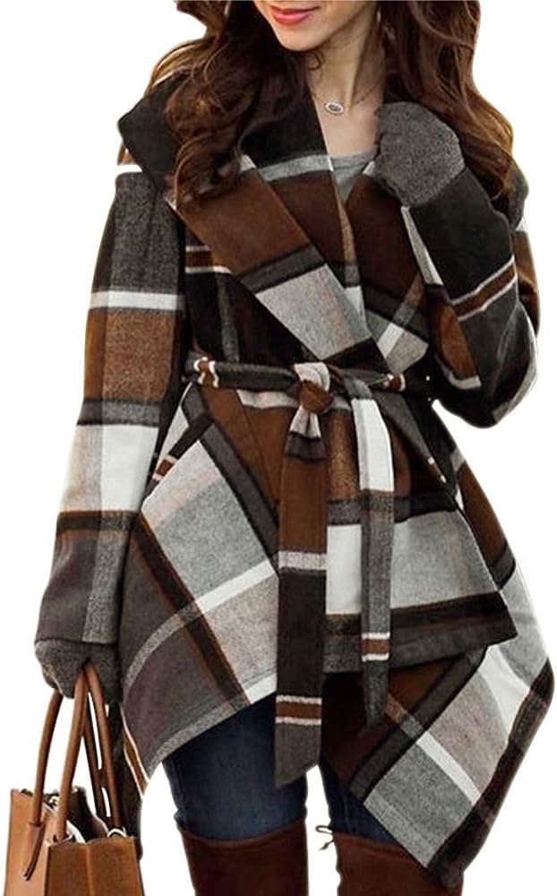 CHICWISH Women' Turn Down Shawl Collar Earth Tone Check Asymmetric Hemline Wool Blend Coat