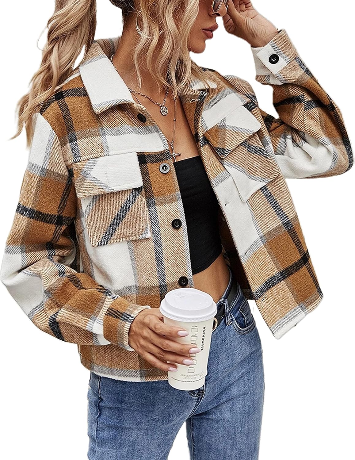 Yeokou Women' Fashion Cropped Flannel Wool Blend Plaid Shacket Long Sleeve Button Down Jackets Coat