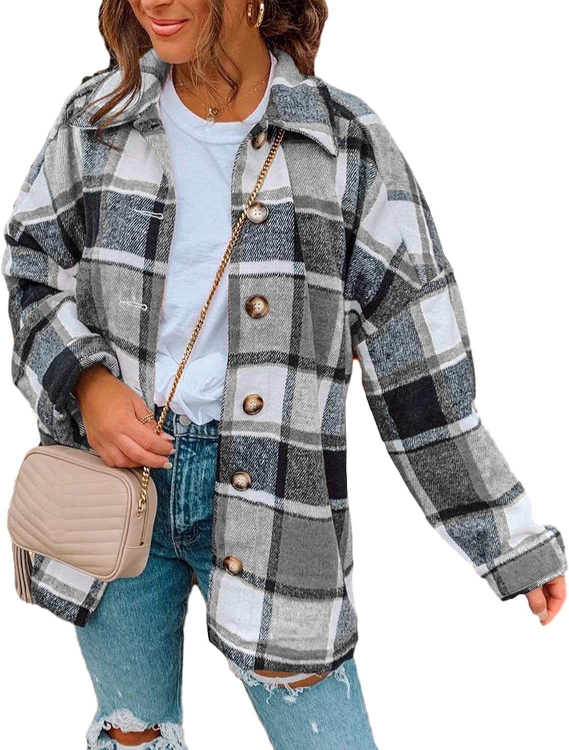 Yeokou Women' Fall Color Block Plaid Flannel Shacket Jacket Button Down Shirt Coat Tops