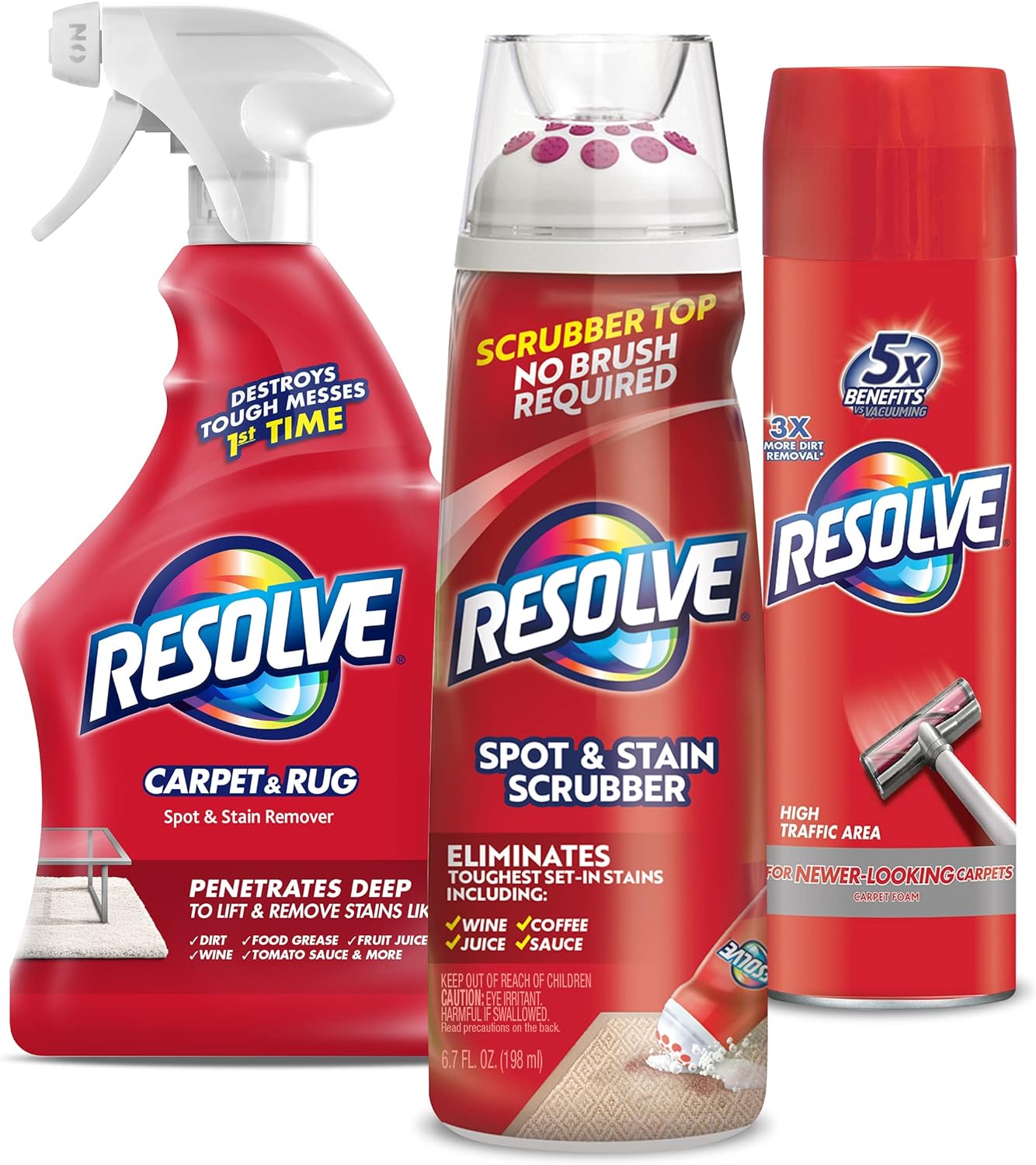 Resolve Pro Carpet Bundle: 1 Spot and Stain Scrubber, 1 22 Oz Carpet Cleaner Trigger Spray, 1 22 Oz High Traffic Base Foamer