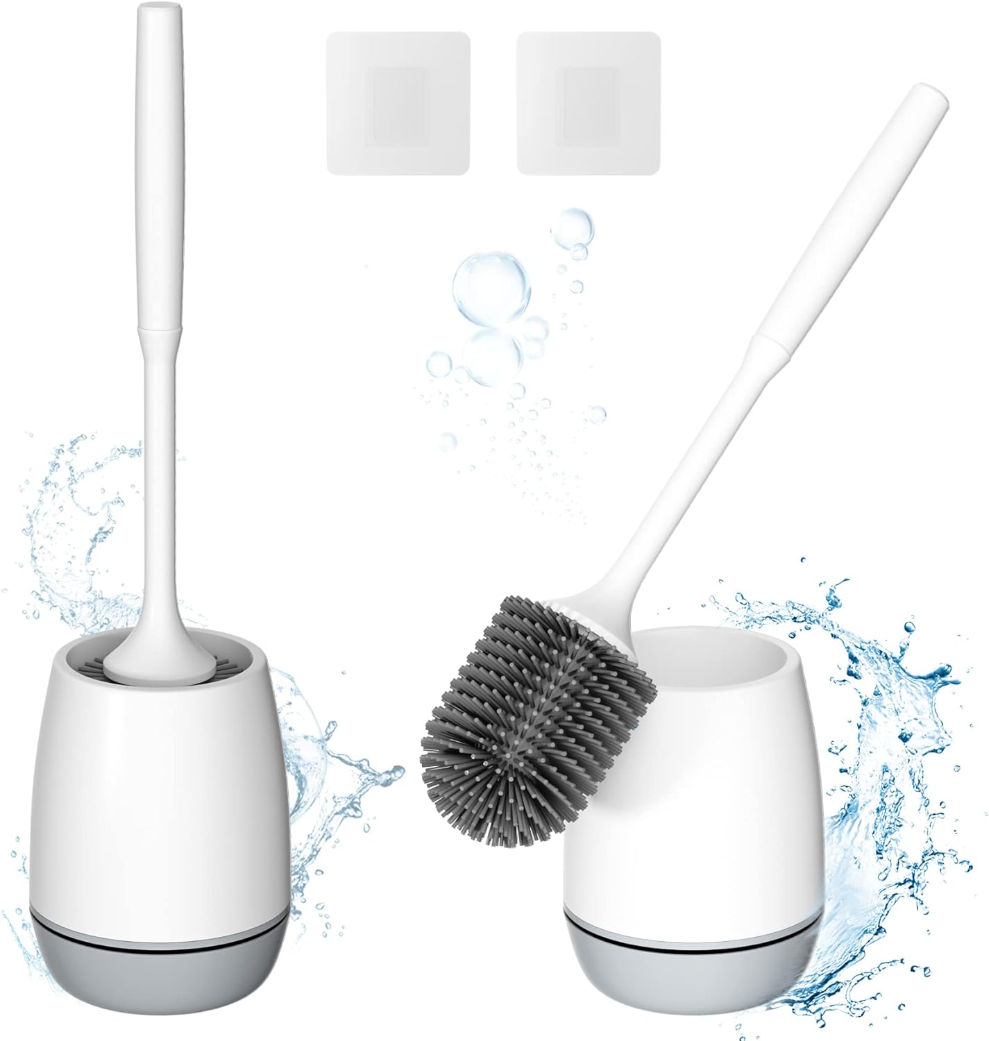 Hibbent 2 Pack Toilet Brush with Ventilated Drying Holder, Silicone Toilet Bowl Brush Bathroom Cleaning Bowl Brush Kit Sturdy Cleaning Toilet Brush, Floor Standing & Wall Mounted Without Drilling