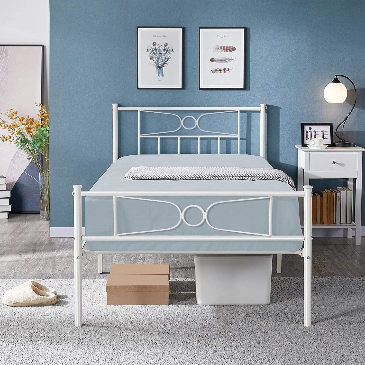 GIME Twin Size Bed Frames with Storage for Girls Boys Adults, Metal White Bed Frame No Box Spring Needed, Single Bed Platform Mattress Foundation with Headboard/Footboard for Student