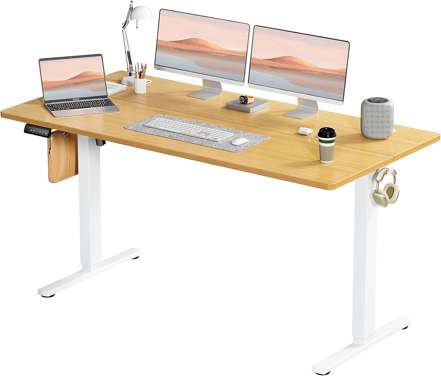 SMUG Standing Desk, Adjustable Height Electric Sit Stand Up Down Computer Table, 63x24 Inch Ergonomic Rising Desks for Work Office Home, Modern Lift Motorized Gaming Desktop Workstation, Natural