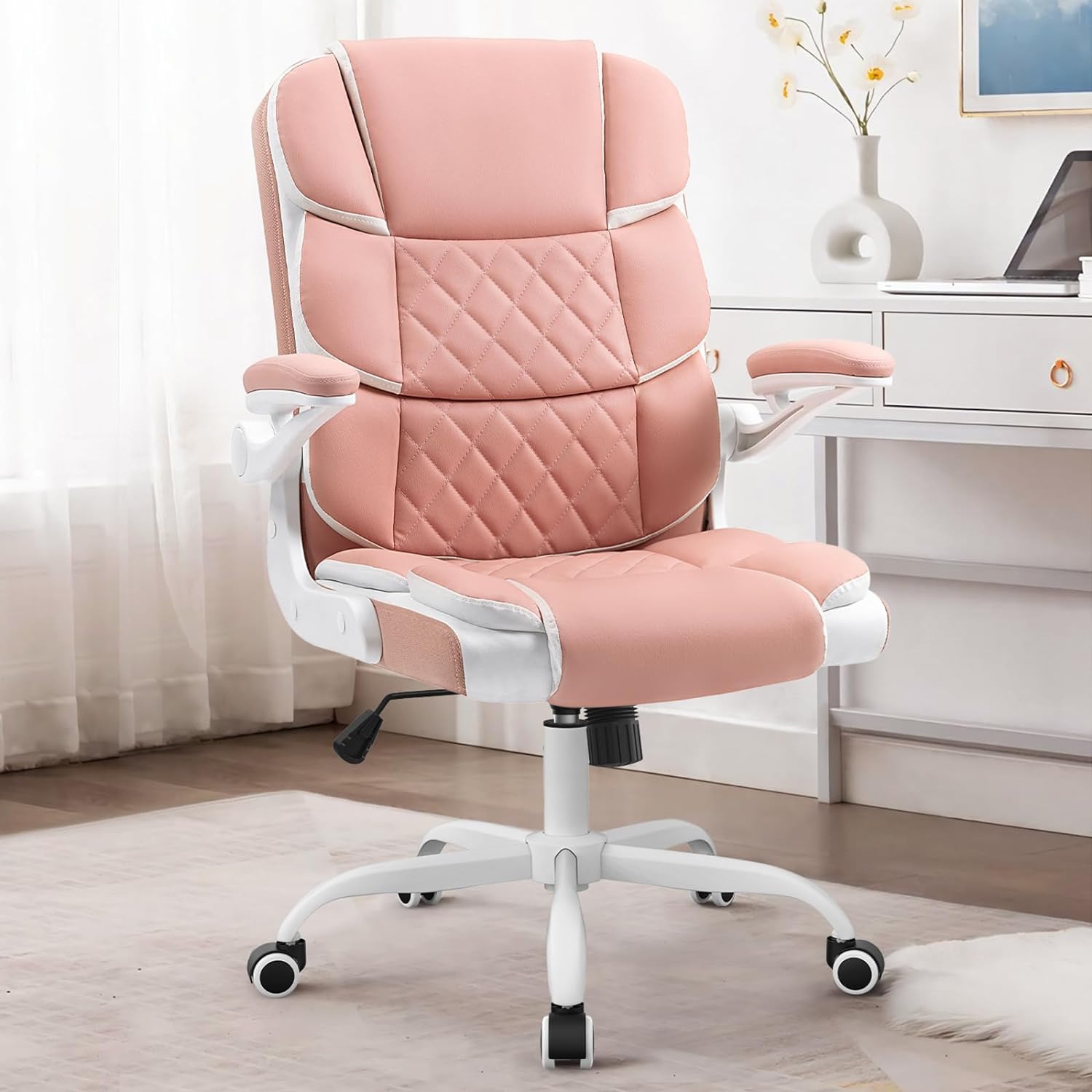 Pink Desk Chair Ergonomic Office Chair Lumbar Support Desk Chairs with Wheels and Flip-up Armrest Adjustable PU Leather Computer Chair Backward Tilt, Pink