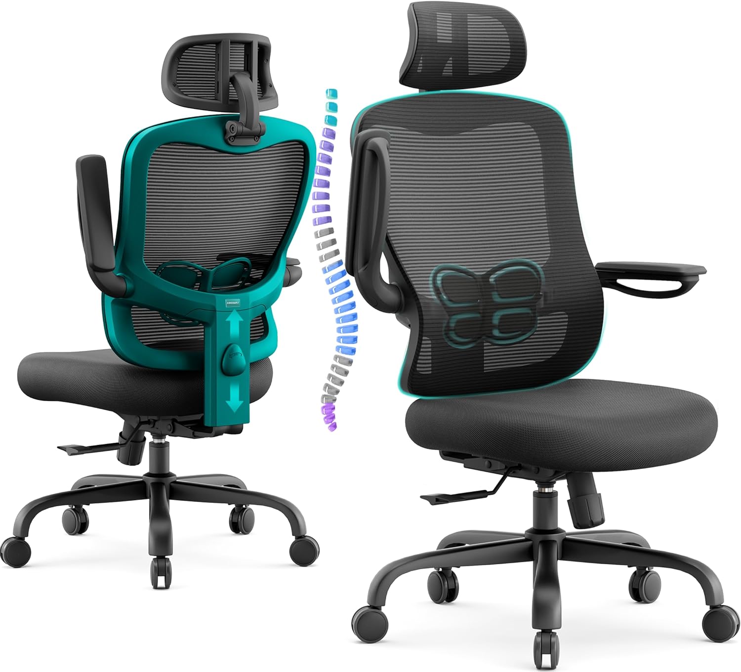 LANDOMIA Ergonomic Office Chair Fully Adjustable - Comfortable Big and Tall Computer Desk Chairs with Lumbar Support, Mesh High Back Adjustable with 3D Headrest, 90-130 Tilt Lock, Flip-up Arms