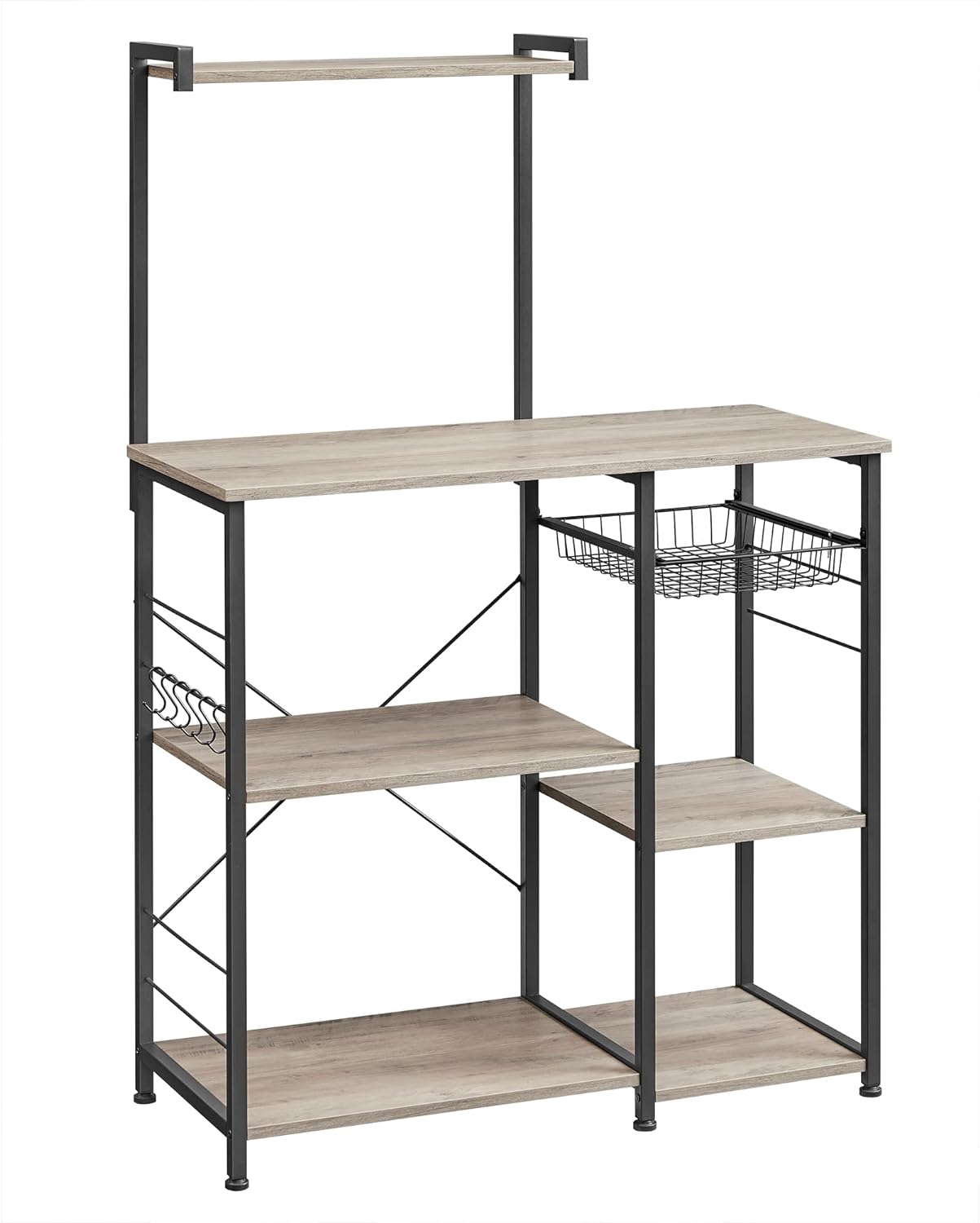 VASAGLE Baker' Rack, Microwave Stand with Wire Basket, 6 Hooks, and Shelves, for Spices, Pots, and Pans, Greige and Black