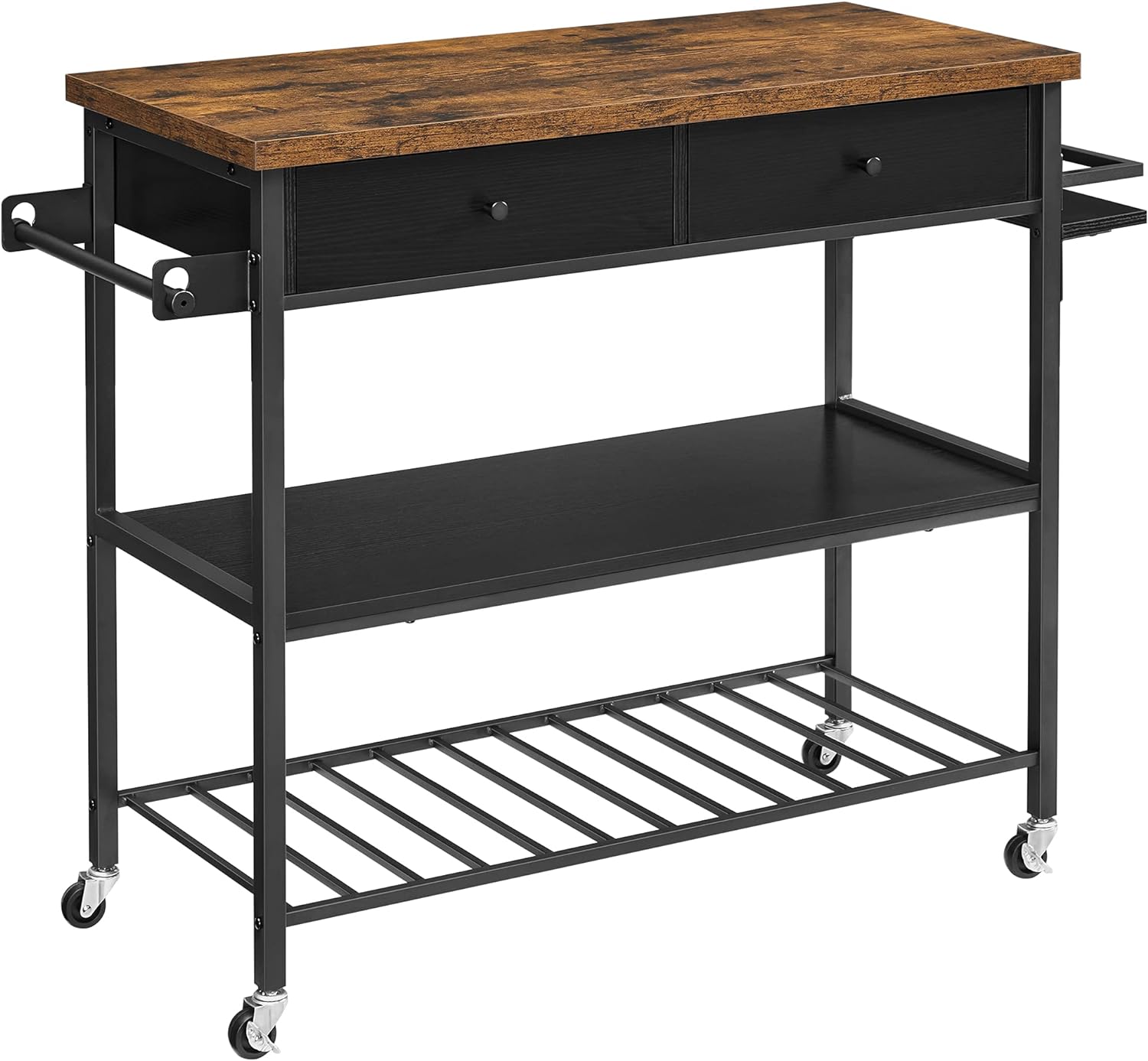 VASAGLE Kitchen Island, Kitchen Cart, 3-Tier Microwave Stand with 2 Drawers, Towel Bar, Spice Holder, 17.7 x 46.9 x 35.8 Inches, Rustic Brown and Black UKKI003B01