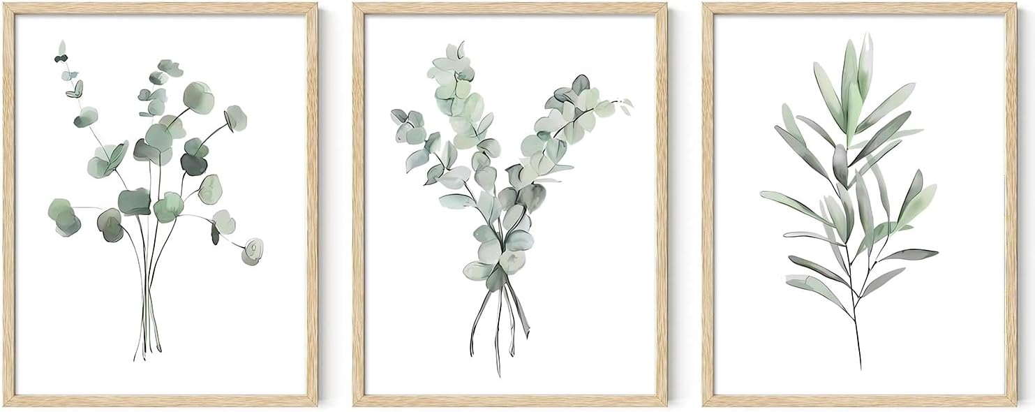 Botanical Wall Art Framed Set of 3, Sage Green Plant Wall Decor Minimalist Eucalyptus Leaves Watercolor Canvas Art Prints Farmhouse Decor, Botanical Boho Bathroom Decor for Kitchen, Living Room,