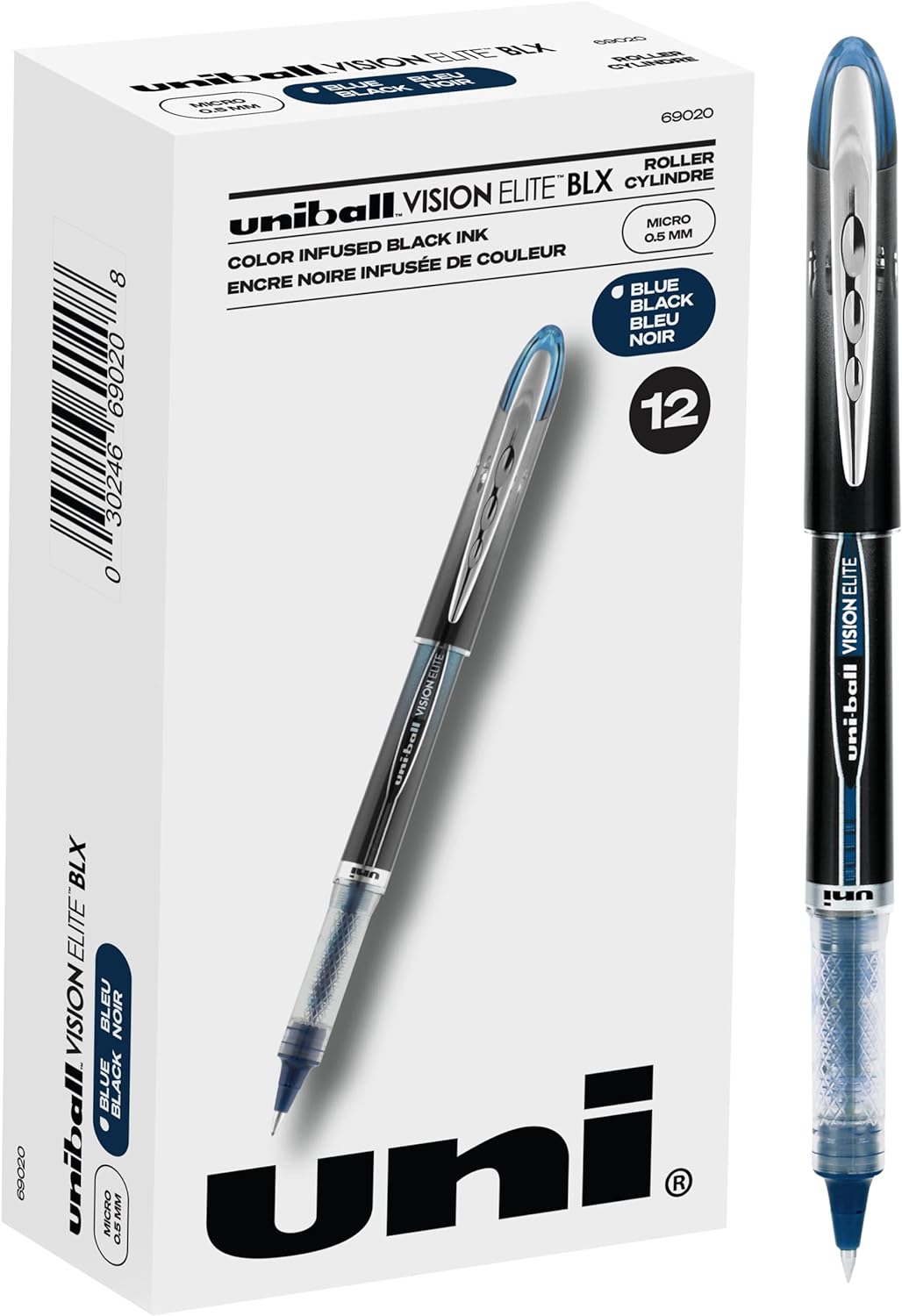 Uniball Vision Elite BLX Rollerball Pens, Blue/Black Pens Pack of 12, Micro Pens with 0.5mm Ink Black Pen