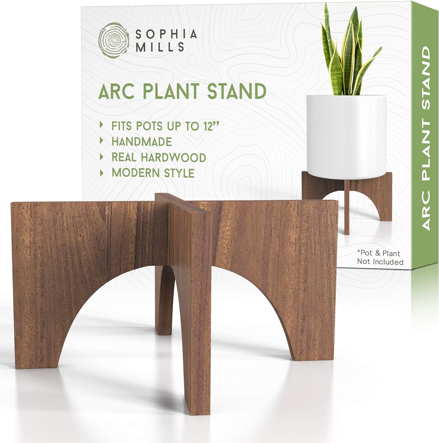 Plant Stand Mid Century Wood - Wooden Stool Riser For Indoor Plant, Natural Acacia Planter Base - Fits 8 To 12-Inch Diameter - Modern Minimalist Pot Holder Stands (Pot Not Included) - Flat Arch Design